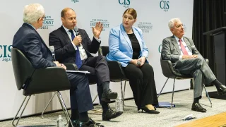 Former treasurer Josh Frydenberg makes a point during the panel discussion with Lorraine Finlay and Ronald Sackville